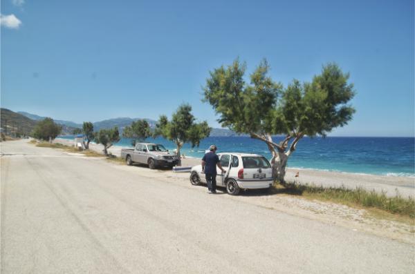 αμάξι παρκάρει σε λειψή σκιά κάτω από αλμυρίκι στην παραλία μουρτερή κοντά στην κύμη