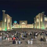 Night photograph of registan sqaure in samarkand, uzbekistan