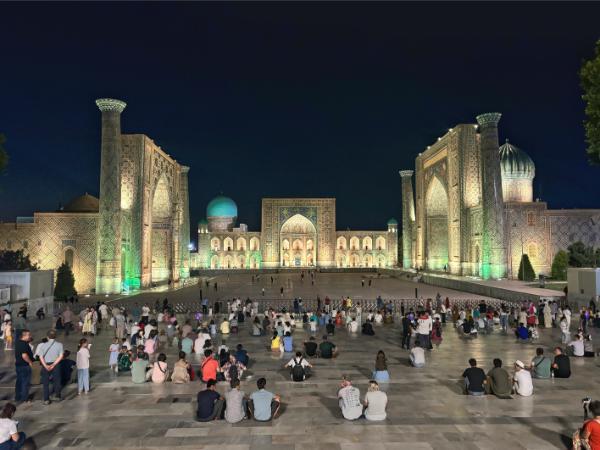 Night photograph of registan sqaure in samarkand, uzbekistan