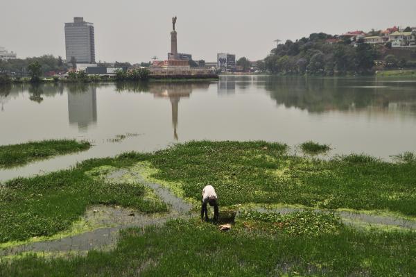 Lake Anosy and black angel monument in antananarivo, madagascar