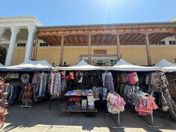 Traditional Uzbek garments for sale in Islam Karimov pedestrian Street in samarkand