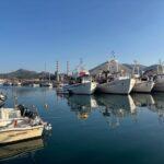 photo of fishing boats with a factory on the background taken at the port of aliveri on euboea island, greece