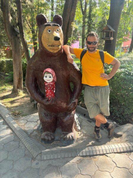 Masha and the Bear statue in panfilov park in bishkek city