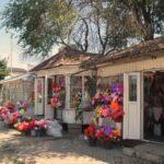 florists' kiosks in the streets of karakol town in kyrgyzstan