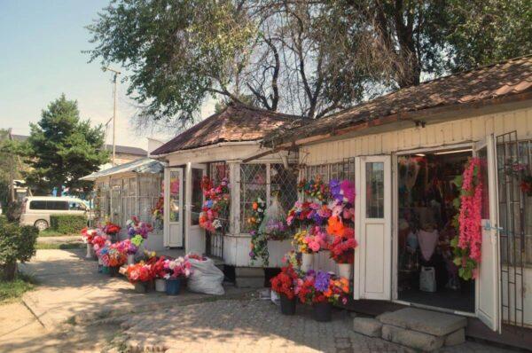 florists' kiosks in the streets of karakol town in kyrgyzstan