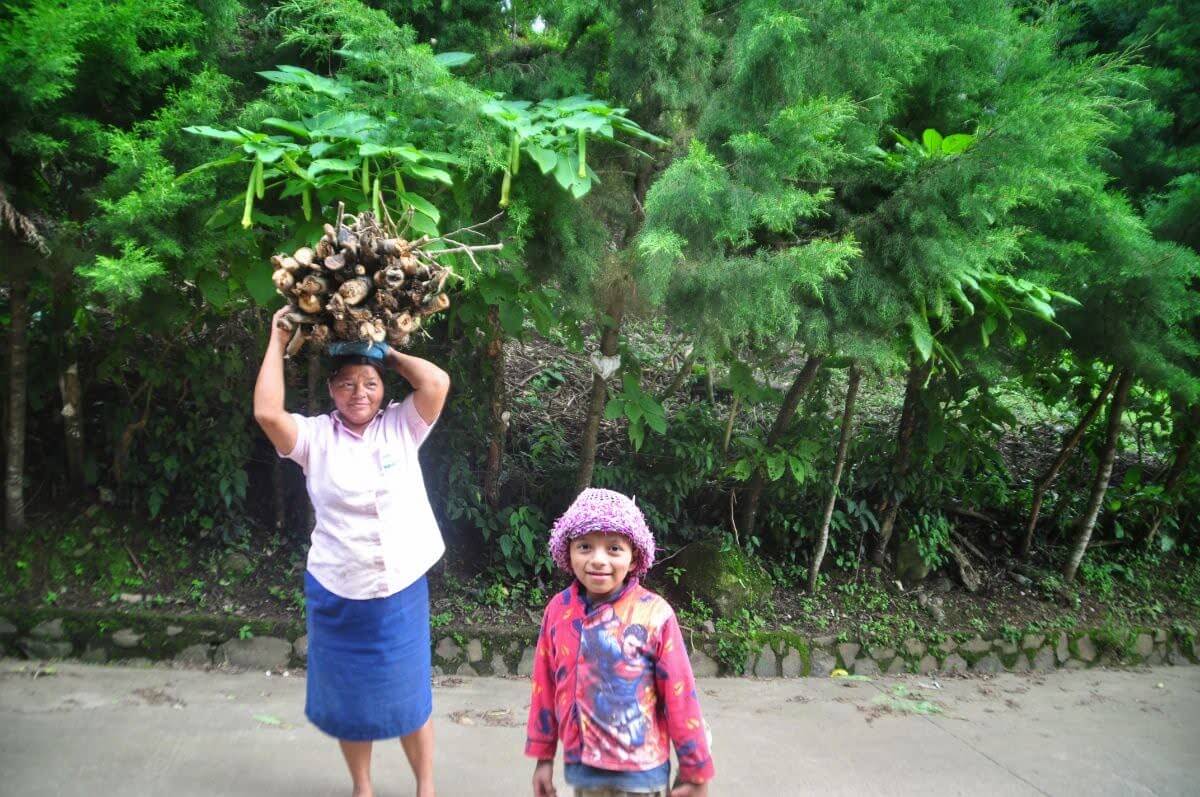 el salvadorian woman carrying firewood on her head