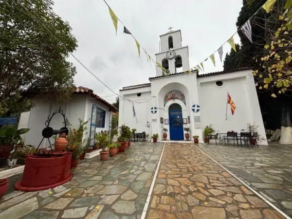 photo of picturesque white greek church in the village of lichada on euboea island, greece