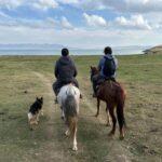 Riding horses by Son-Kul lake in kyrgyzstan