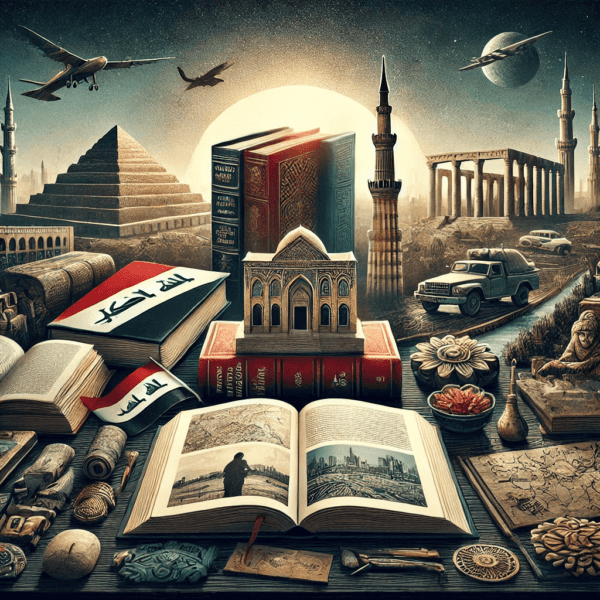 A visually compelling collage with open books, historical maps, and cultural symbols of Iraq, including the Ziggurat of Ur and Baghdad’s skyline. The image’s deep, thought-provoking colors evoke themes of war, resilience, and Iraq’s rich heritage