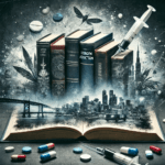 A dark, moody digital collage featuring open books, syringes, pills, and blurred cityscapes, symbolizing the struggles of heroin addiction. The deep blues, blacks, and muted tones create an intense and thought-provoking atmosphere