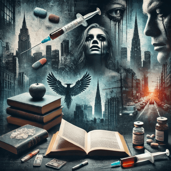 A dramatic and emotional collage showcasing open books, dimly lit city alleyways, and distressed faces, representing the gripping themes of heroin addiction. The deep shadows and cool, somber tones emphasize the novel’s intense and tragic storytelling