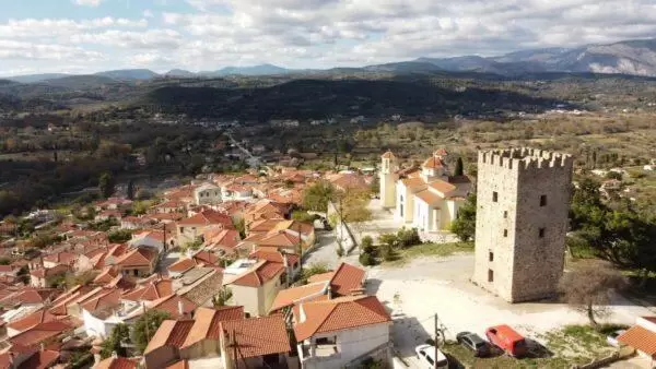 Aerial view of Avlonari and its tower