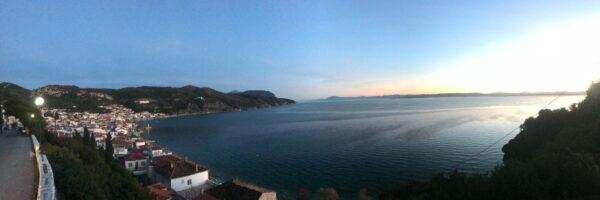 Panoramic dusk view of Limni Bay on evial island