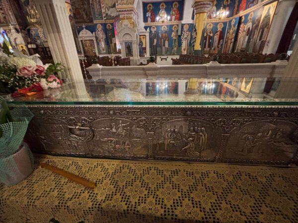 The relics of Saint John the Russian in their elaborate coffin in prokopi, evia island