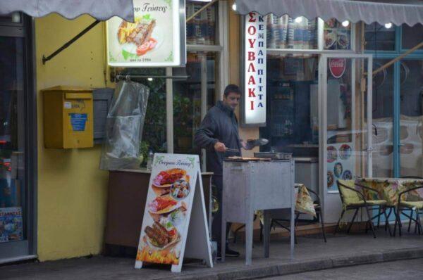 Street grilling in prokopi, evia island, greece