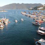 aerial photo of cluttered tour boats bay of arraial do cabo in brazil