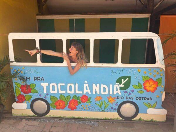 A cool Tocolândia jolly bus photo cutout board in costa azul, brazil